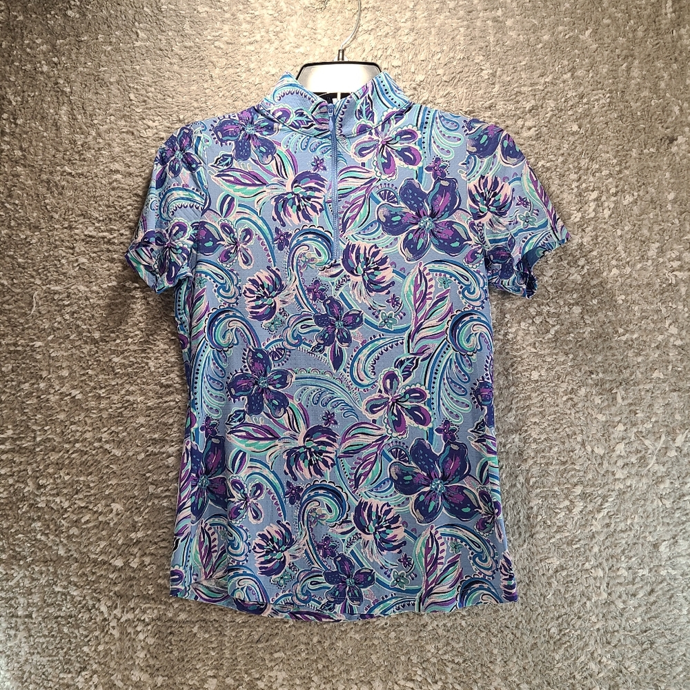 IBKUL Women Polo Shirt Short Sleeve 1/4 Zip Sun Protection Floral Nylon Blend XS